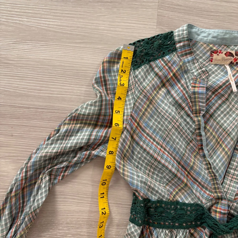 Free People Plaid Mini Dress Women Green Crochet Lace Empire Waist Long Sleeve 6 - Picture 9 of 14